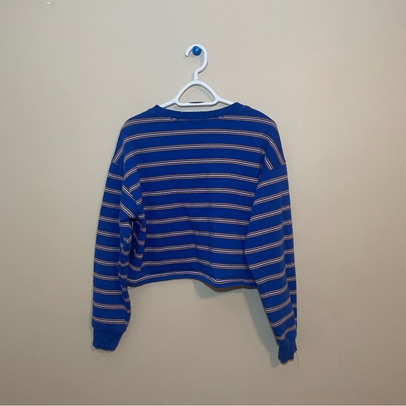 FOREVER 21 Stripped Long Sleeve Crop Top Sweatshirt | Blue Yellow - Picture 3 of 6